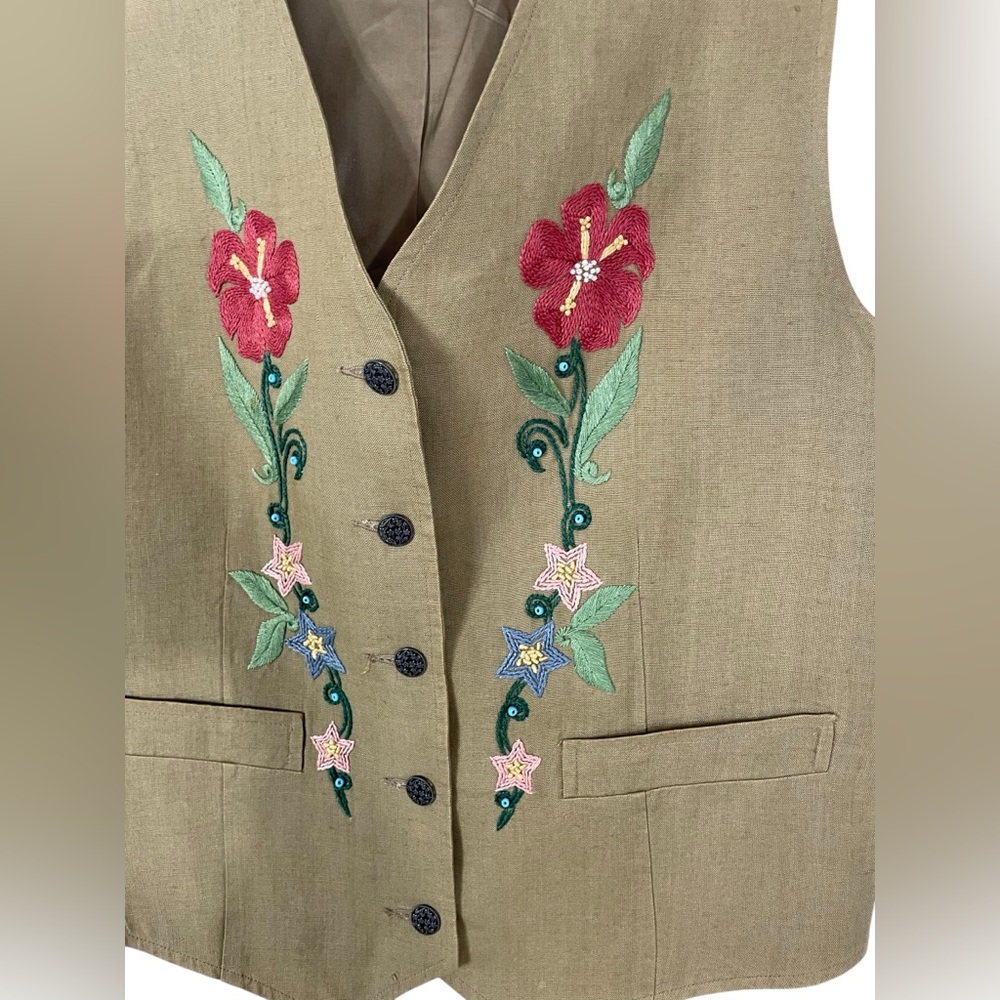 Vintage Banana Republic Linen Floral Embroidered Vest Beaded Sz Medium - Picture 5 of 14